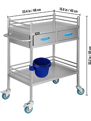 VEVOR stainless steel lab cart with two drawers, blue bucket, and caster wheels.