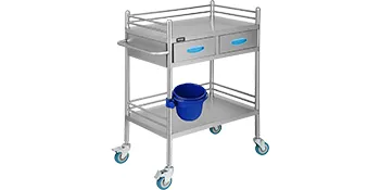 stainless steel lab cart with two drawers, blue bucket, and four swivel wheels.
