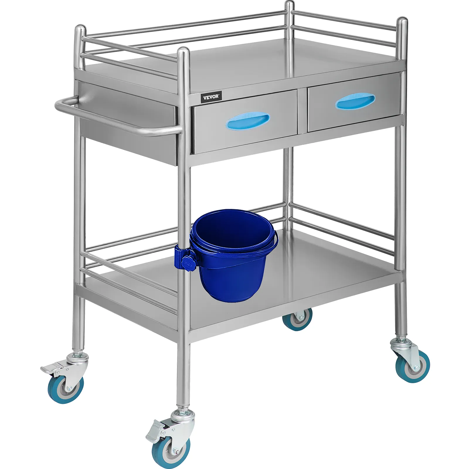 VEVOR stainless steel lab cart with 2 drawers, blue bucket, and caster wheels.