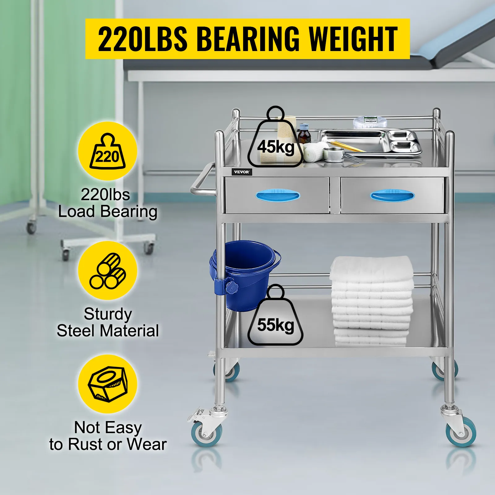 VEVOR stainless steel lab cart with 220lbs load bearing, sturdy steel, and rust-resistant.