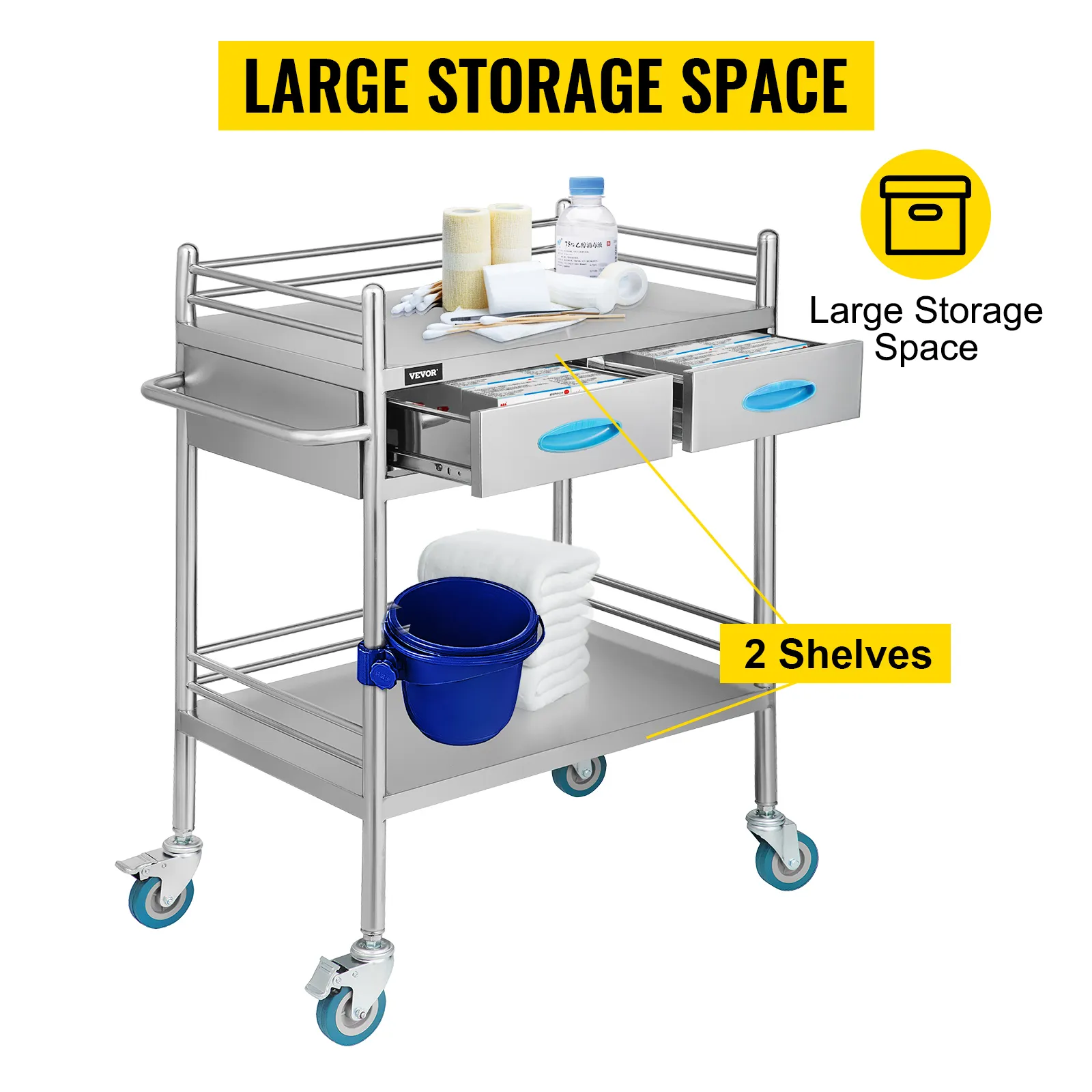 VEVOR stainless steel lab cart with large storage space, 2 shelves, and rolling wheels.