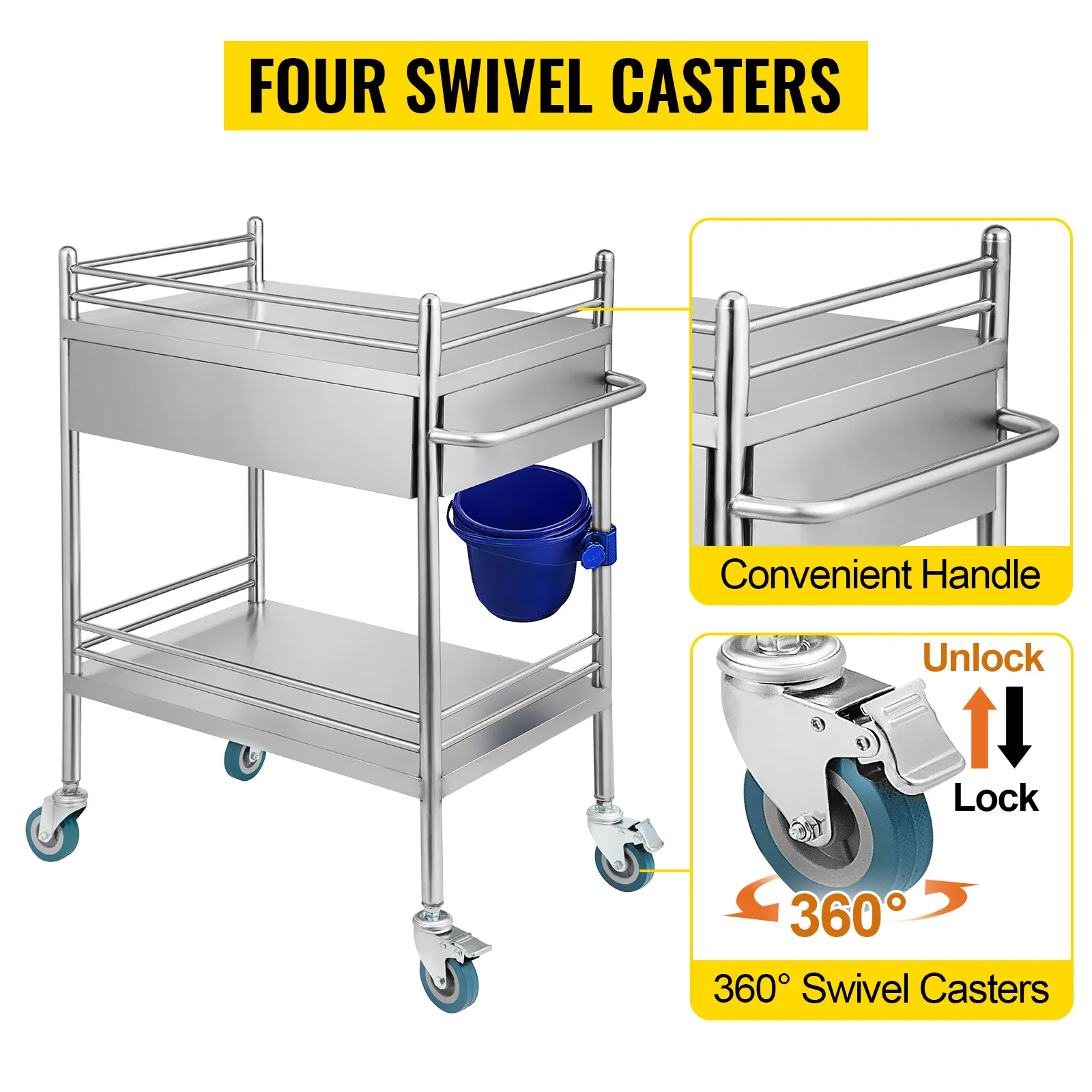 VEVOR stainless steel lab cart with four swivel casters, convenient handle, and blue bucket.