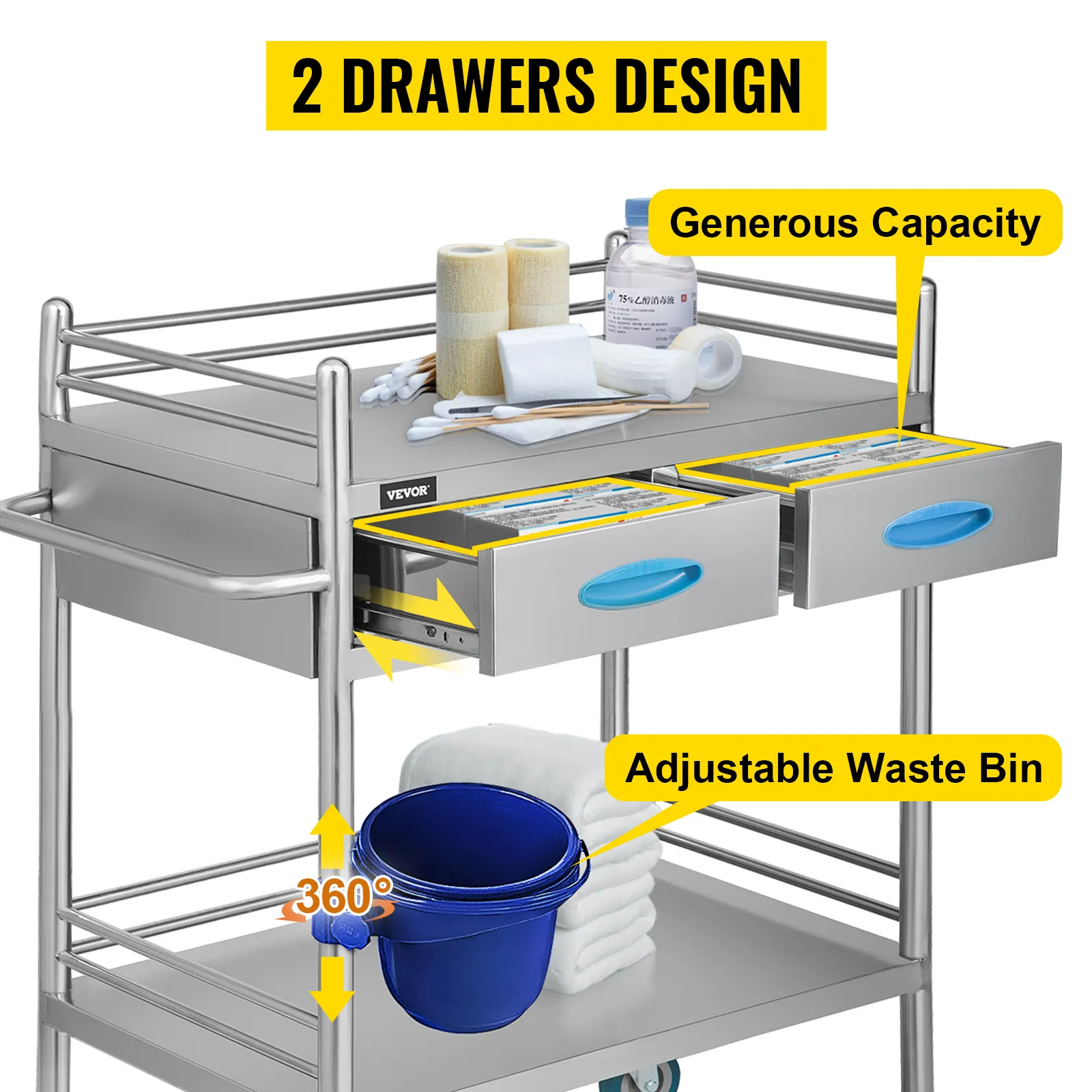 VEVOR stainless steel lab cart with 2 drawers, generous capacity, adjustable waste bin.