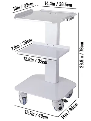 Carrito utilitario VEVOR blanco con 3 estantes y ruedas, dimensiones mostradas en pulgadas y cm.