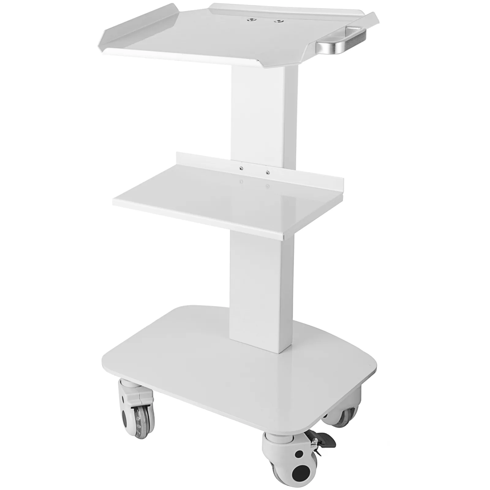 Carrito utilitario VEVOR con tres estantes blancos y ruedas giratorias para facilitar la movilidad.