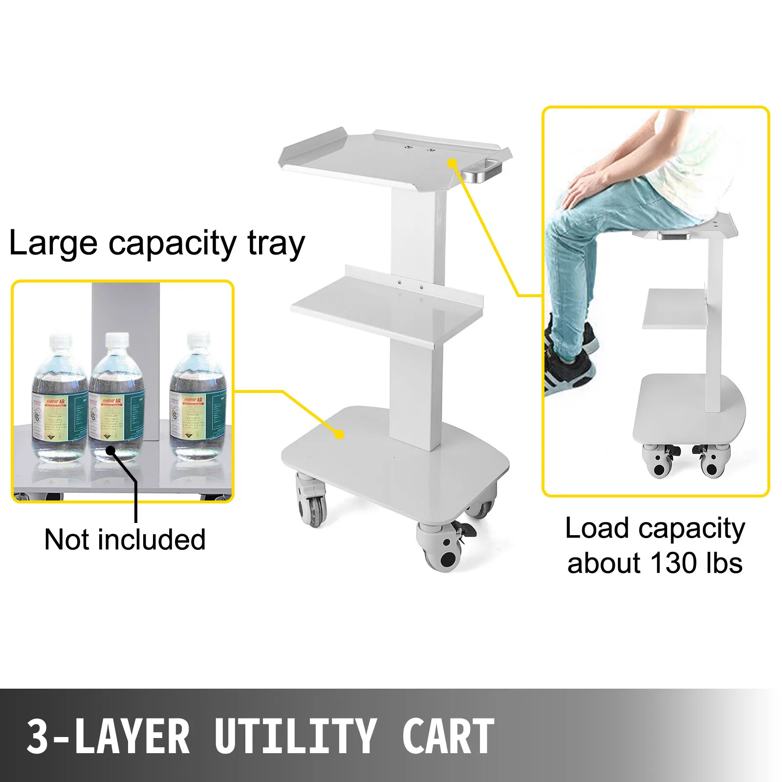 Carrito utilitario VEVOR con 3 capas y bandeja de gran capacidad, soporta 130 lbs.