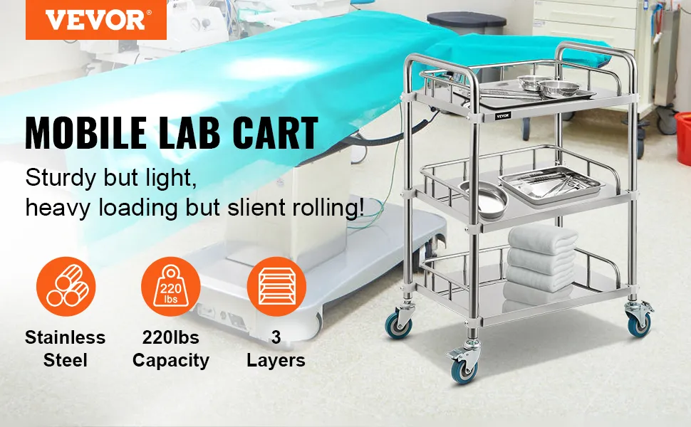 VEVOR lab rolling cart with 3 layers, 220lbs capacity, stainless steel in a lab setting.