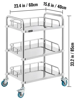 VEVOR lab rolling cart with three stainless steel shelves and blue caster wheels.