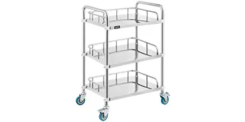 three-tier VEVOR lab rolling cart with blue caster wheels and stainless steel frame.