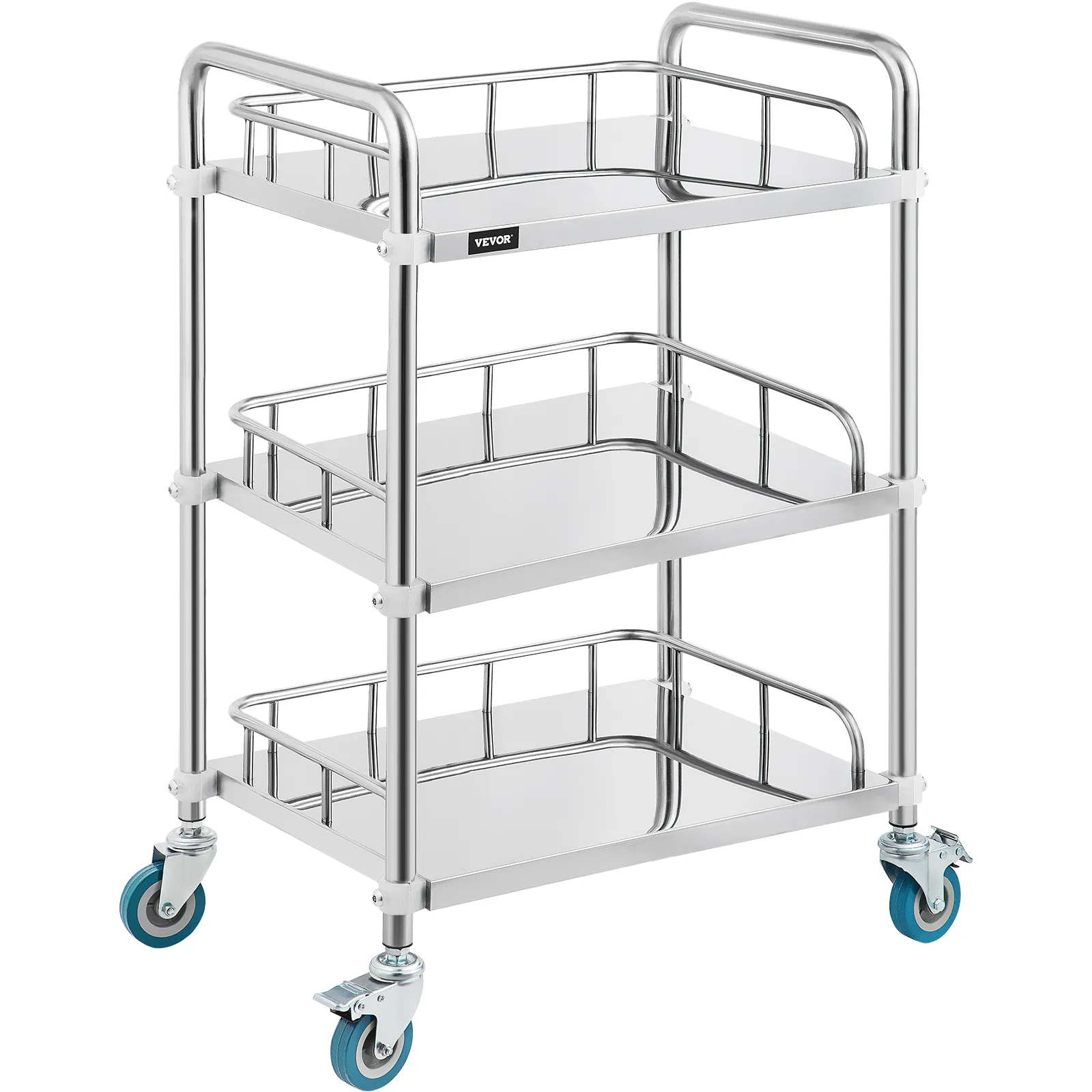 three-tier stainless steel VEVOR lab rolling cart with blue caster wheels.
