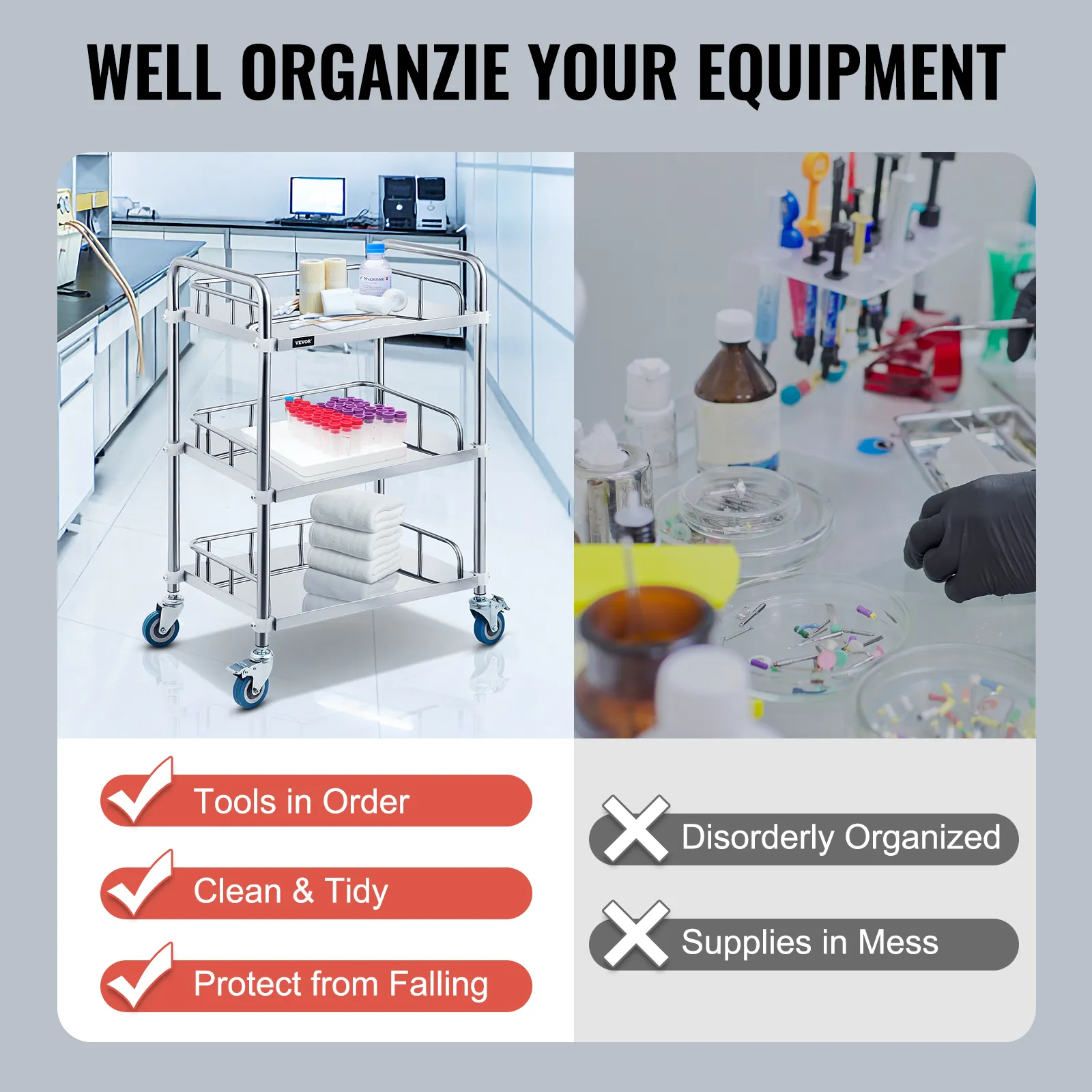 VEVOR lab rolling cart in a clean lab setting, showcasing organized equipment.