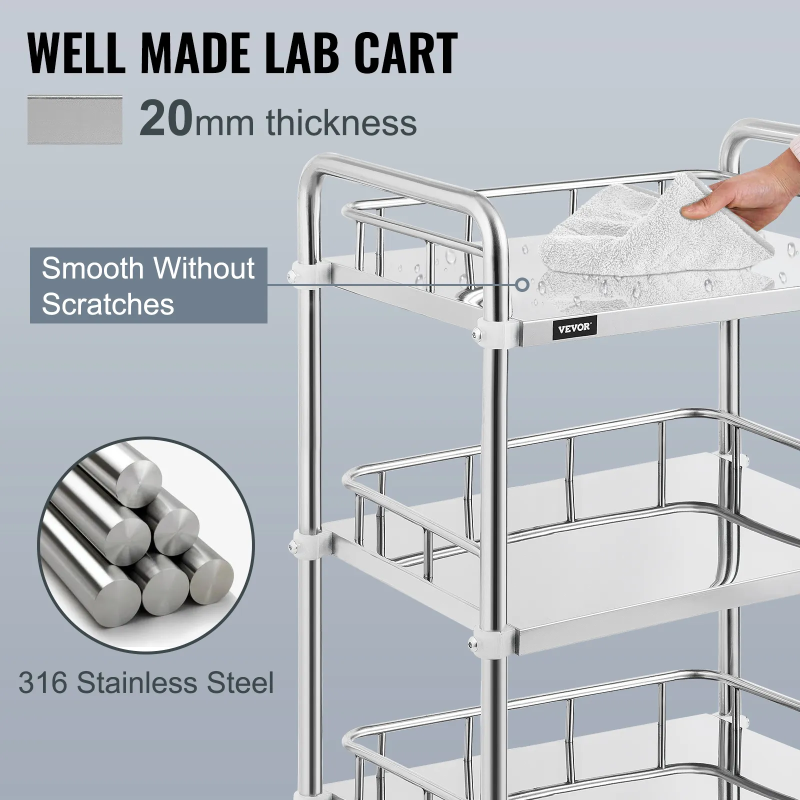 VEVOR lab rolling cart with 20mm thick 316 stainless steel, smooth and scratch-free.
