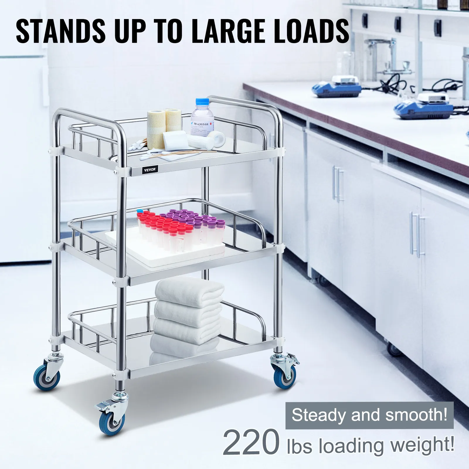 VEVOR lab rolling cart in a clean lab environment, holding lab supplies and towels.