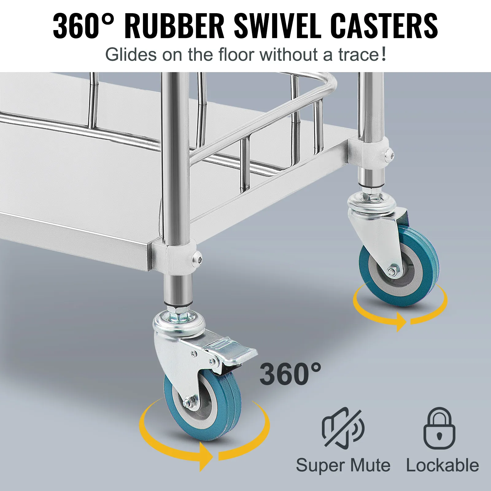 VEVOR lab rolling cart with 360° rubber swivel casters, lockable and super mute.