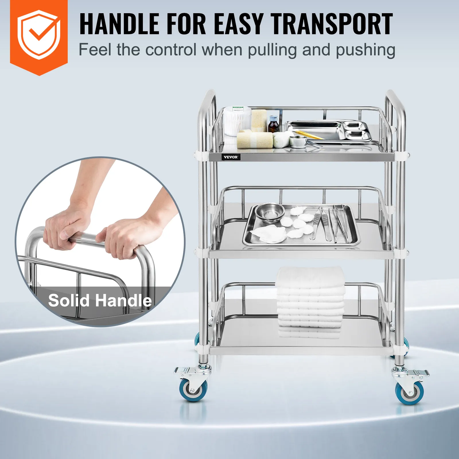 VEVOR lab rolling cart with three shelves, solid handle, and medical supplies.