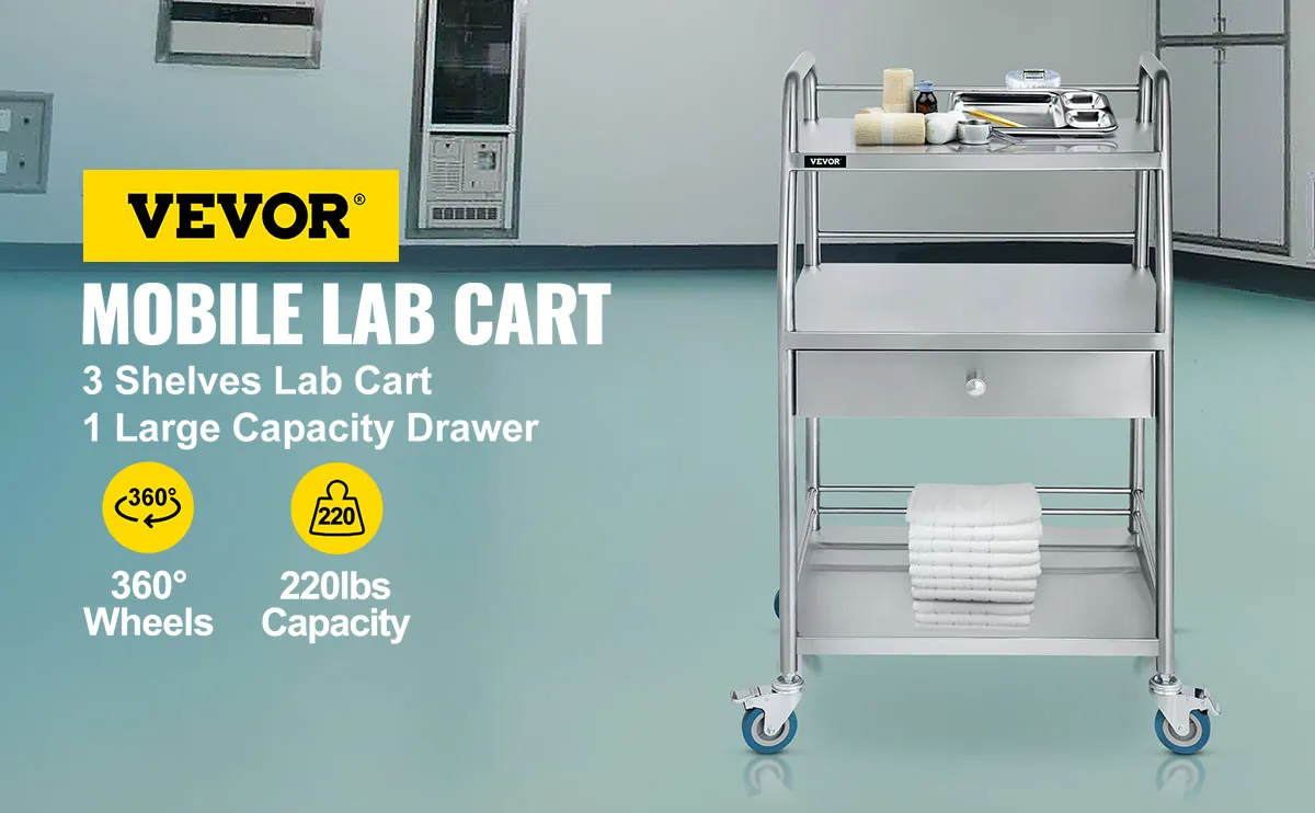 VEVOR utility cart with 3 shelves, large drawer, 360° wheels, and 220 lbs capacity.