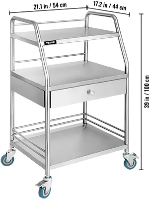 VEVOR utility cart with shelves, drawer, and wheels, 39 in tall, 21.1 in wide.