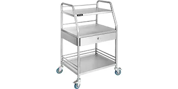 stainless steel VEVOR utility cart with three shelves, a drawer, and blue caster wheels.