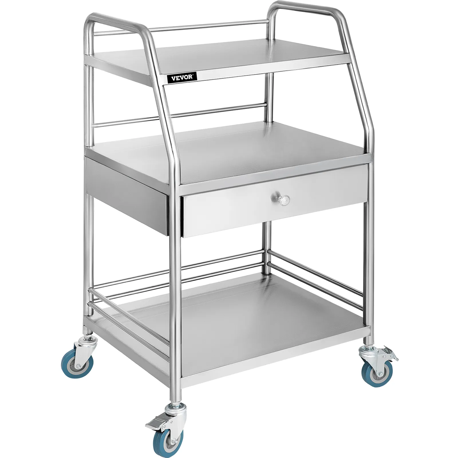 VEVOR utility cart with drawer and three shelves, stainless steel, on blue casters.