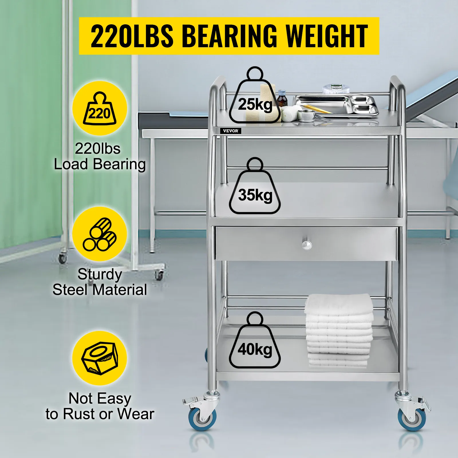 VEVOR utility cart in a clinic, sturdy steel, 220lbs load bearing, rust-resistant.