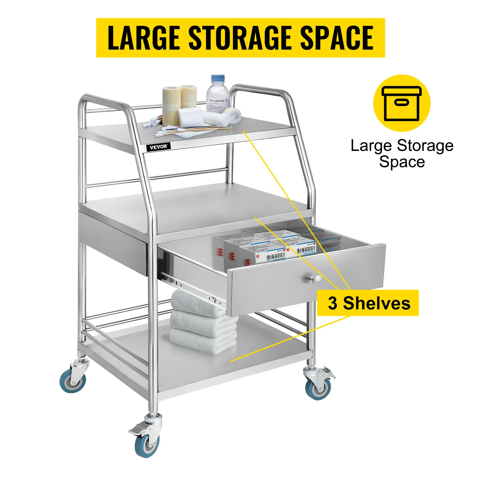 VEVOR utility cart with large storage space and three shelves on caster wheels.