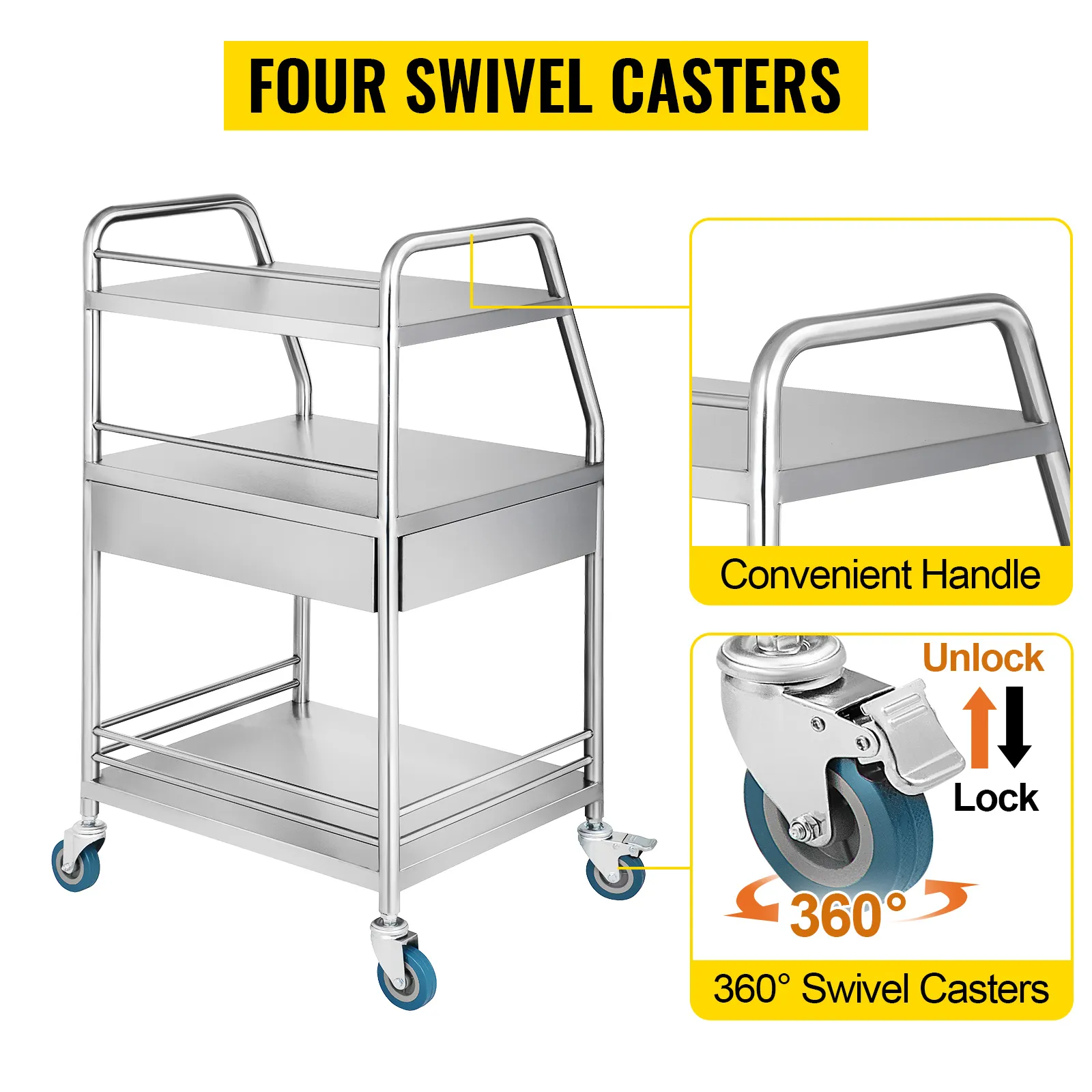 VEVOR utility cart with three shelves, convenient handle, and 360° swivel casters.