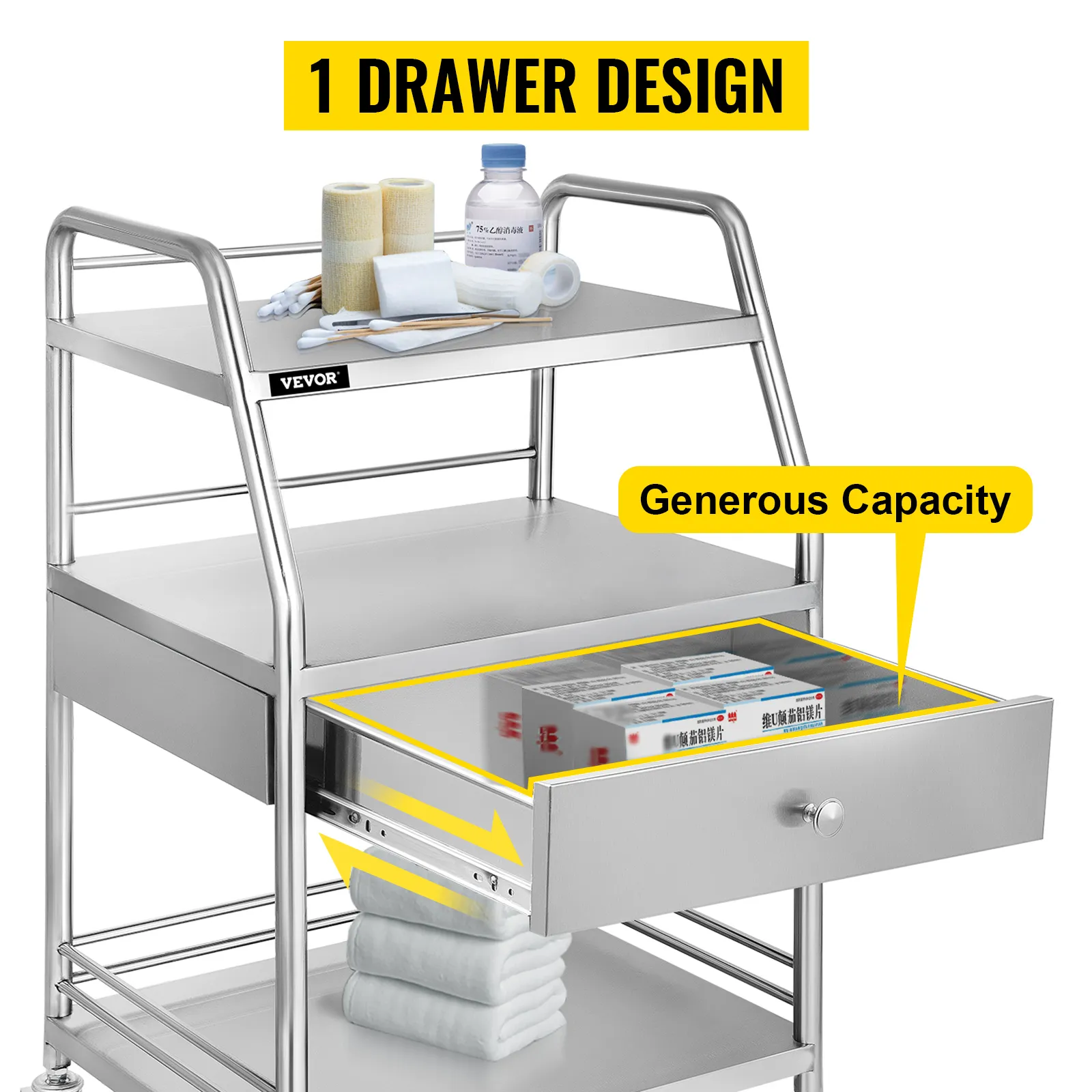 1 drawer design VEVOR utility cart with generous capacity and medical items.