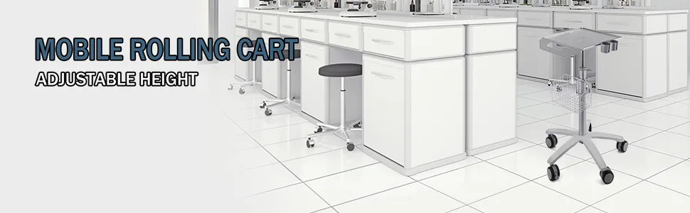 modern laboratory with white cabinets and a VEVOR mobile trolley cart on tiled floor.