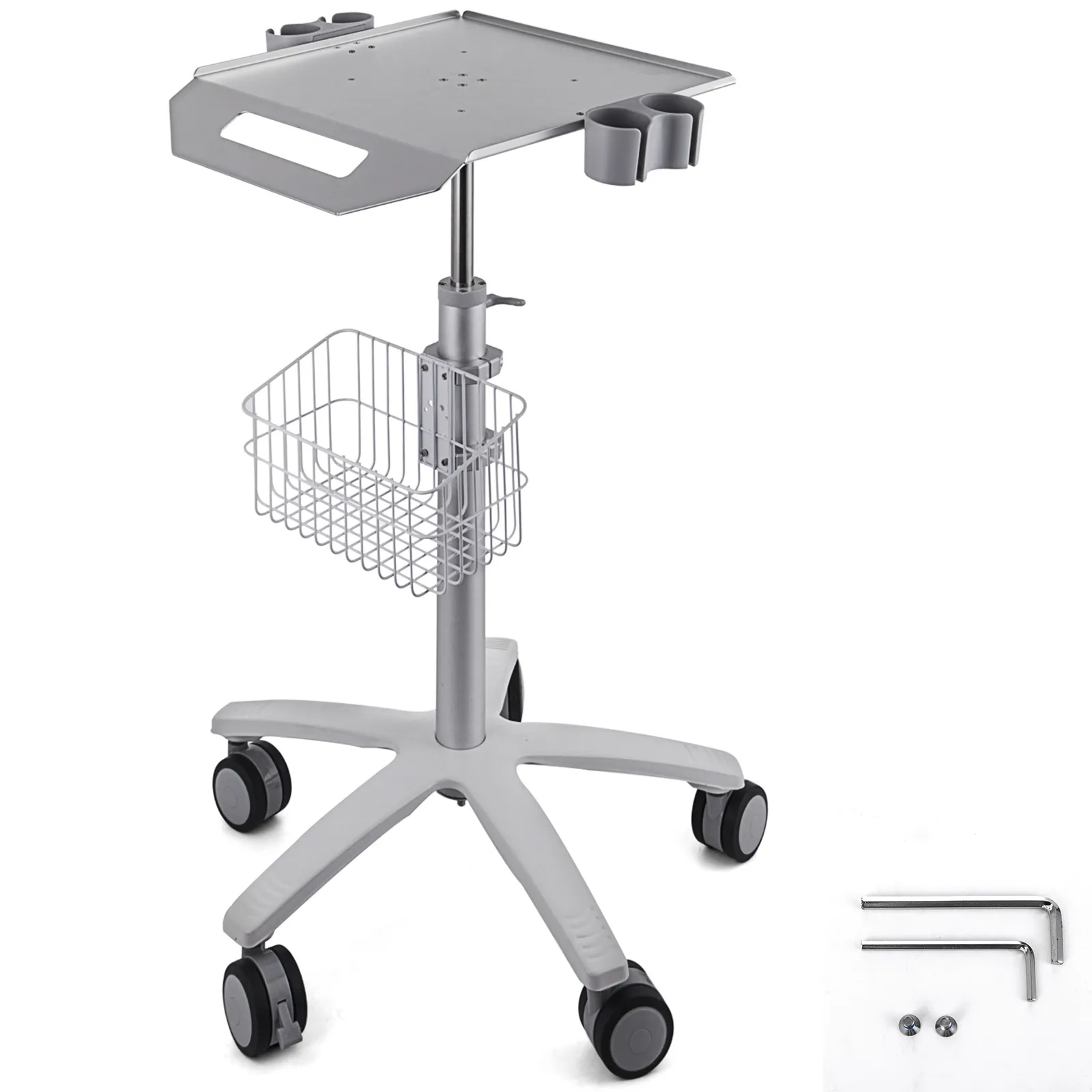 VEVOR mobile trolley cart with tray, wire basket, and wheels. assembly tools included.