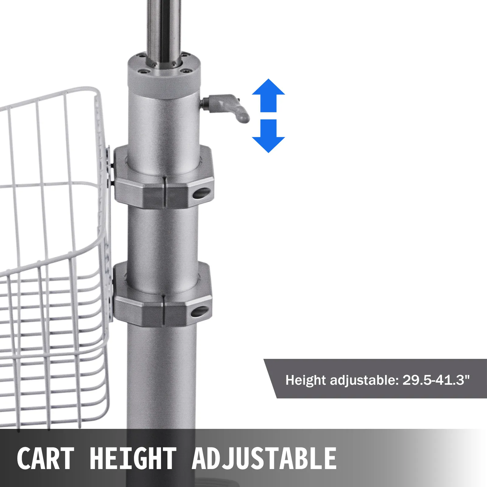 VEVOR mobile trolley cart with adjustable height, showcasing basket and height lock.