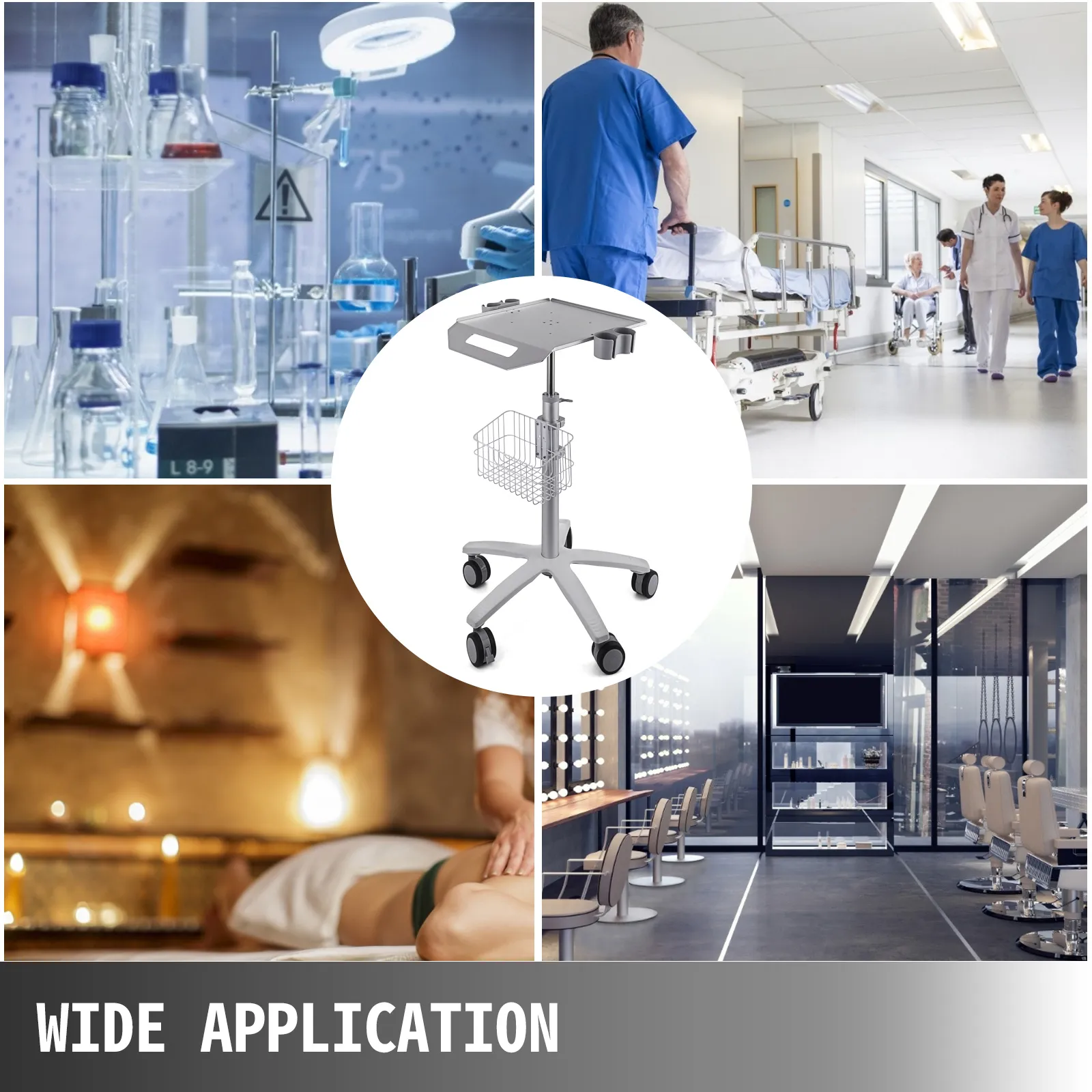 VEVOR mobile trolley cart in medical lab, hospital, spa, and salon settings, wide application.