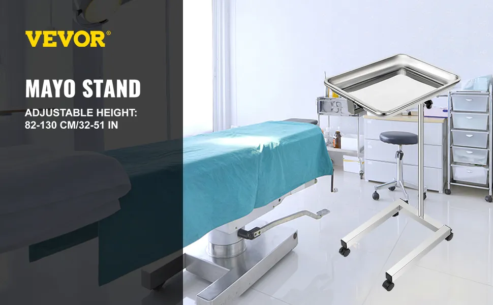 VEVOR lab cart in a clinical setting with adjustable height and stainless steel tray.