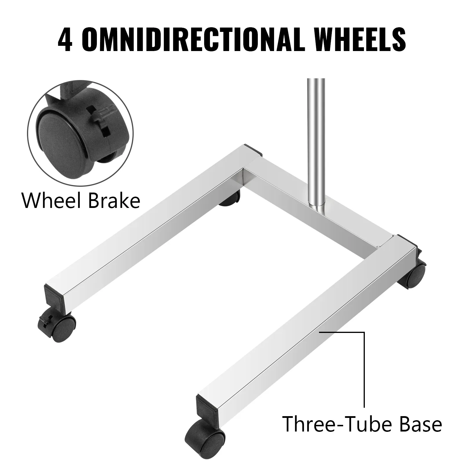 VEVOR lab cart with 4 omnidirectional wheels and three-tube base featuring wheel brakes.
