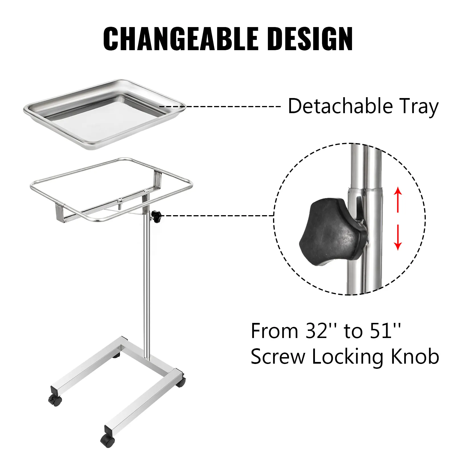 VEVOR lab cart with detachable tray and adjustable height from 32" to 51".
