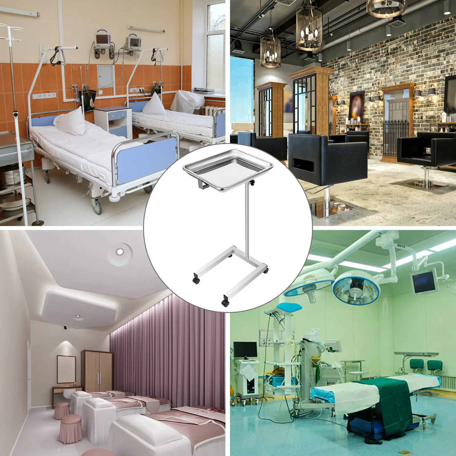 VEVOR lab cart in diverse settings: hospital rooms, clinic, and medical facility.