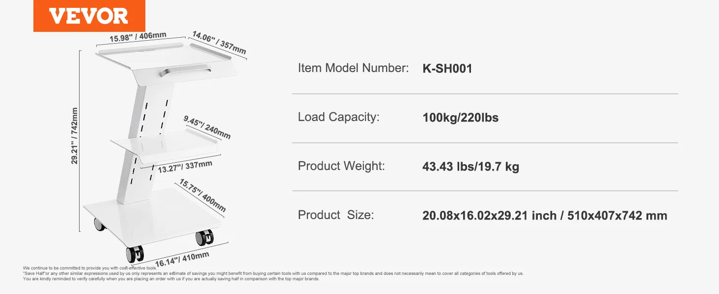 VEVOR lab trolley, k-sh001, 100kg load, 43.43lbs, 20.08x16.02x29.21 inches, 4-wheeled white trolley.