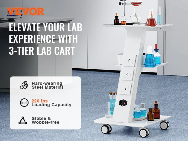 VEVOR lab trolley in a modern lab with glass beakers, stable design, hard-wearing steel material.