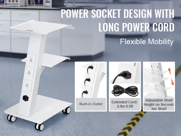 VEVOR lab trolley with built-in outlets, extended cord, and adjustable second-tier shelf in a lab.