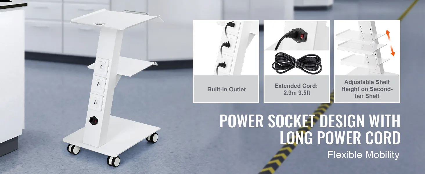 VEVOR lab trolley with built-in outlets, extended cord, and adjustable second-tier shelf in a lab.