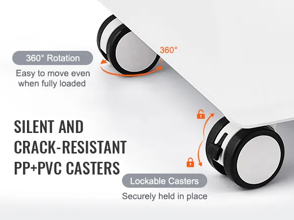 VEVOR lab trolley with 360° rotating lockable casters for silent, tear-resistant, and unbreakable movement.