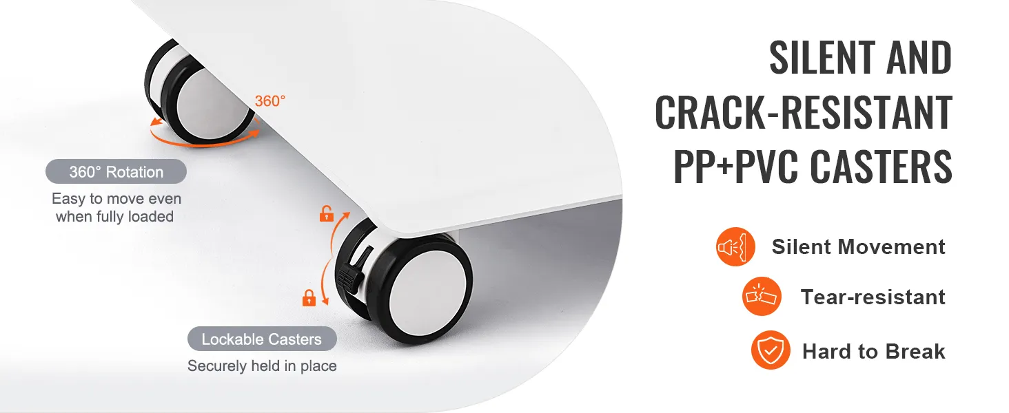 VEVOR lab trolley with 360° rotating lockable casters for silent, tear-resistant, and unbreakable movement.