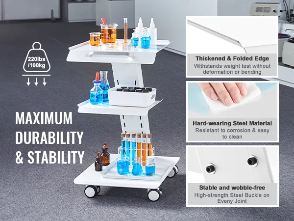 VEVOR lab trolley showcasing high-strength steel shelves, thickened edges, and a 220 lbs weight capacity.