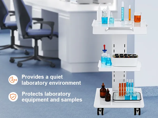 VEVOR lab trolley in a modern lab with various lab equipment, test tubes, and bottles on shelves.