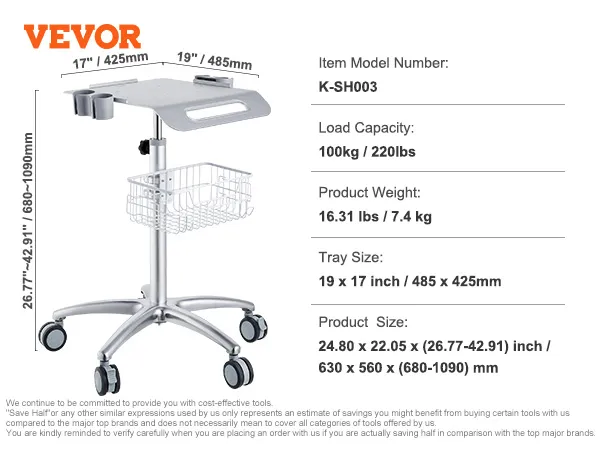 VEVOR salon cart specifications: 100kg load, 7.4kg weight, 19x17 inch tray, adjustable height 68-109cm.