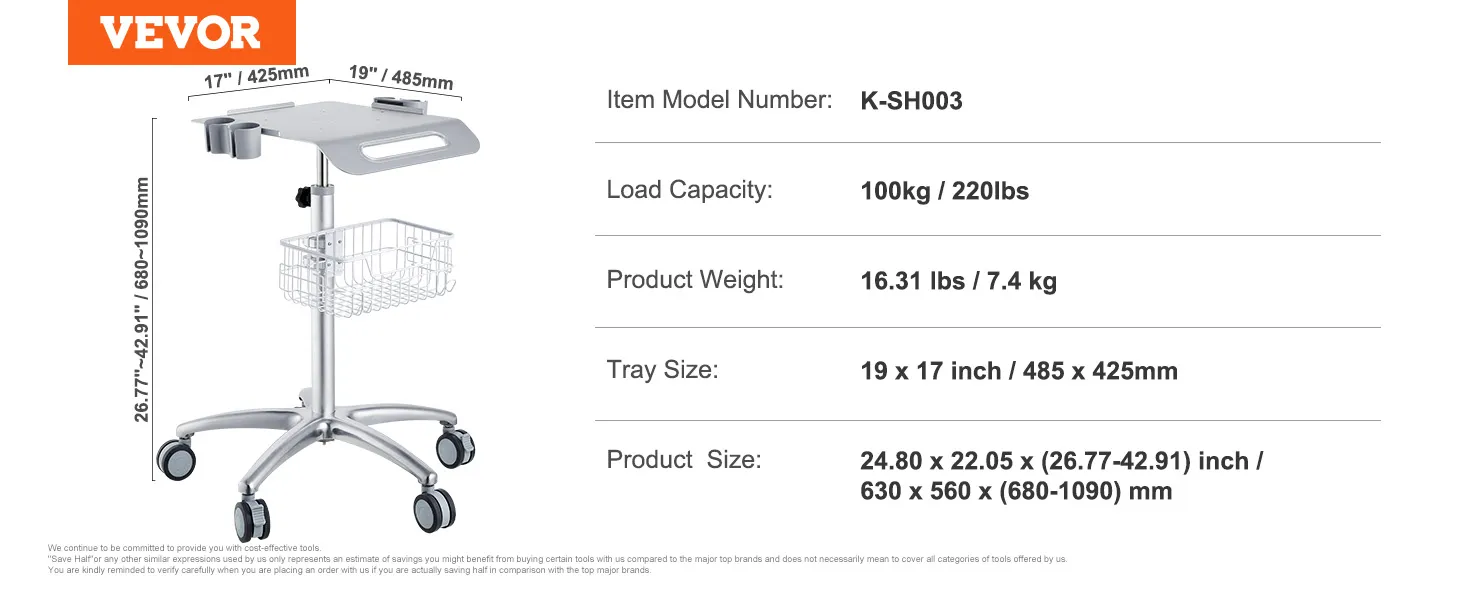 VEVOR salon cart specifications: 100kg load, 7.4kg weight, 19x17 inch tray, adjustable height 68-109cm.