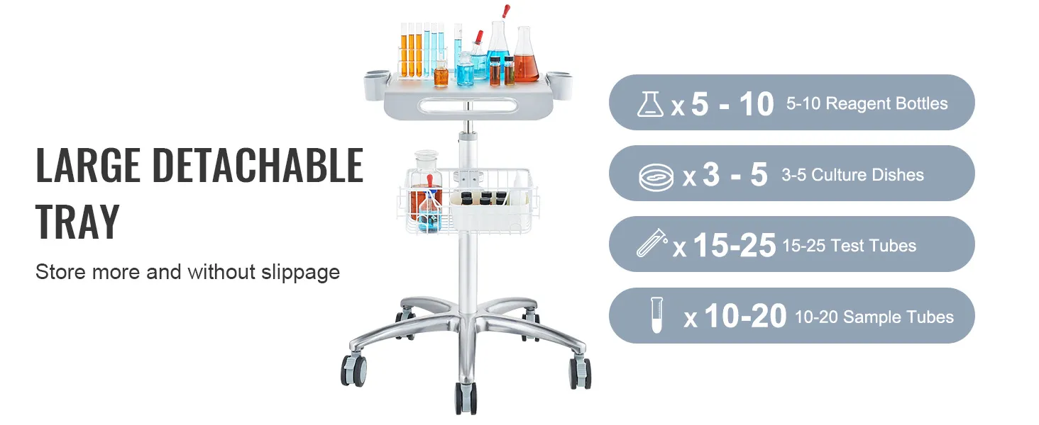 VEVOR salon cart with large detachable tray, holding reagent bottles, culture dishes, test tubes, and sample tubes.