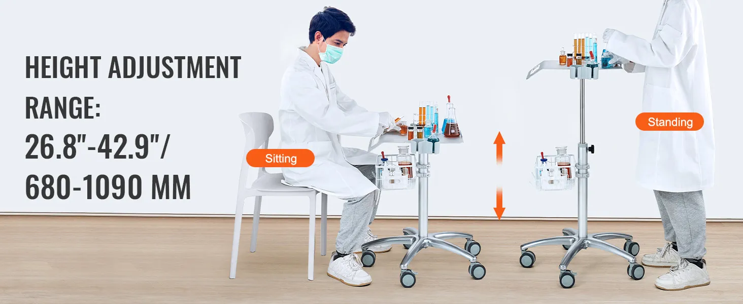 VEVOR salon cart with adjustable height range 26.8"-42.9" for sitting and standing use.