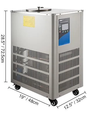 VEVOR laboratory chiller with adjustable control panel and dimensions highlighted.