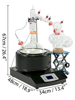 VEVOR distillation kit with multiple glass components on a heating base, dimensions shown.