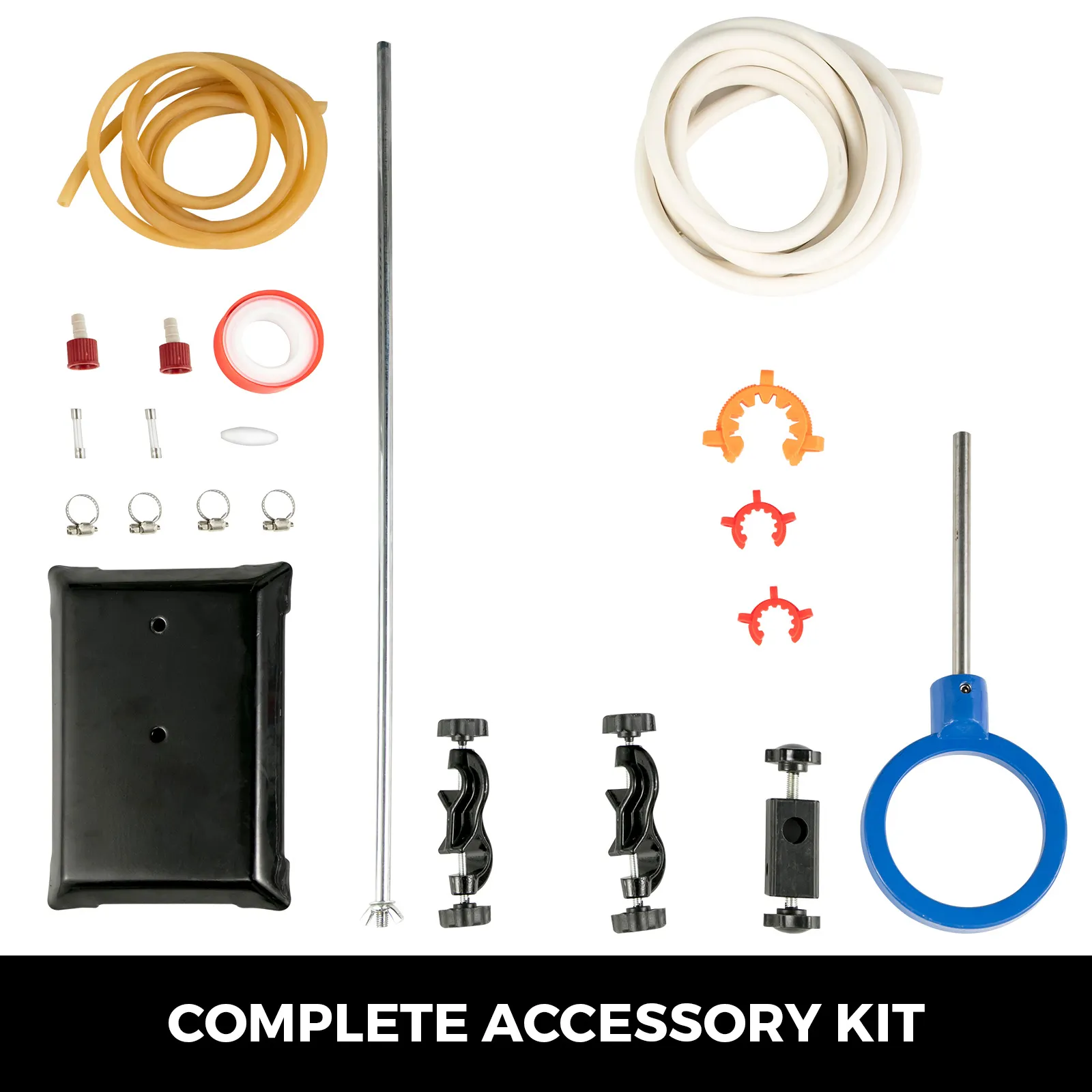 VEVOR distillation kit components including tubes, clamps, and fittings.